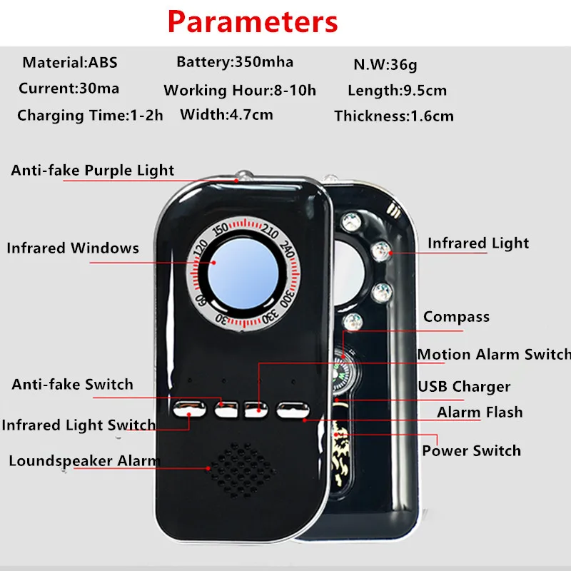 RF Scanner K300 Traveling Easy Operate Hotel Protection Anti-spy Hidden Camera Detector Alarm Infrared USB Charging Monitoring
