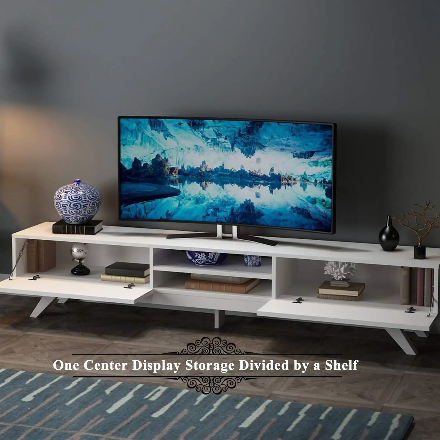 TV Stand Media Console, Mid-Century Modern Television Table with Cabinet Doors