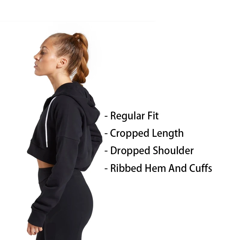High Quality Custom Logo Terry Cotton Long Sleeve Crewneck Zip Up Sweatshirt White Crop Top Women Hoodie For Gym