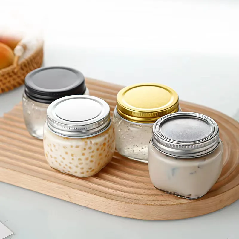 High Quality Screw Lid Square Transparent Food Storage 200ml Mason Honey Jam Glass Jar