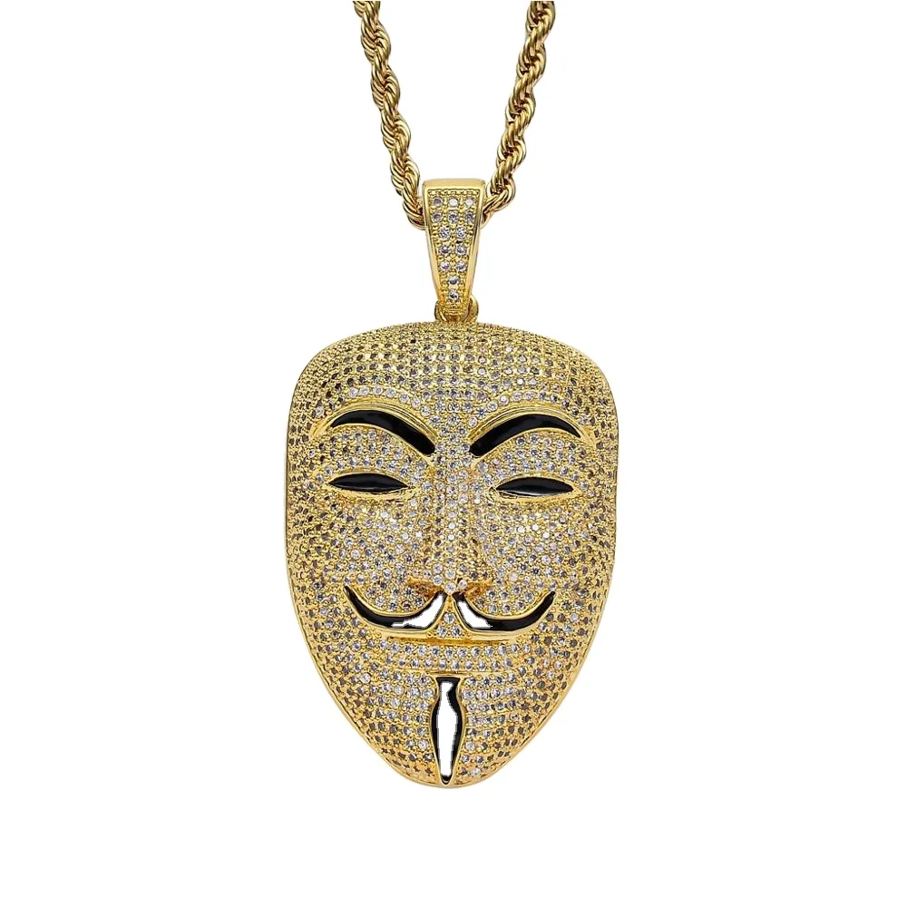 American Movie V For Vendetta Character Head Zircon Diamond Pendant Necklace Mens Iced Out Pendant Gold Hiphop Jewelry