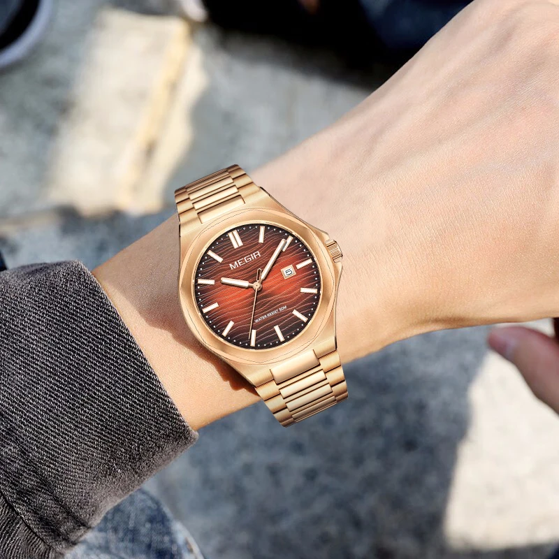 MEGIR 8409   new design OEM mens quartz watch best Stainless steel band Waterproof date display Simple Casual watch supplier