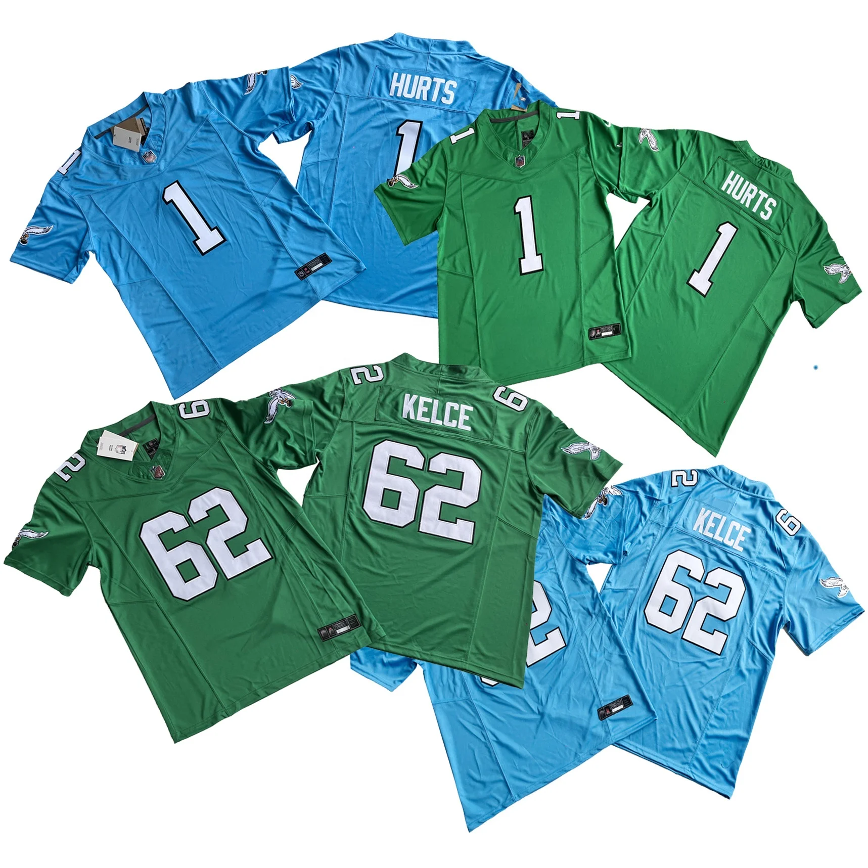 Green color  stitched embroidery Jalen Hurts  Jason Kelce  USA -nfl  fuse style  limited model  American  football jersey