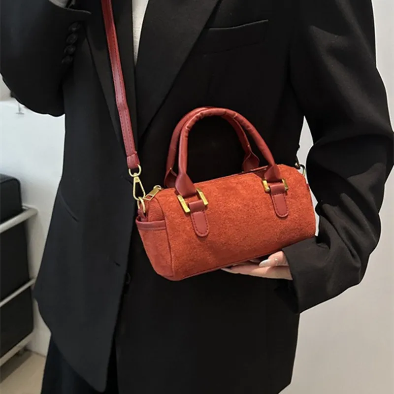 2024 Spring New Fashion Simple Wool Crossbody Bag Women Retro Vintage Style Hand Cylinder Shoulder Bag Lock Summer