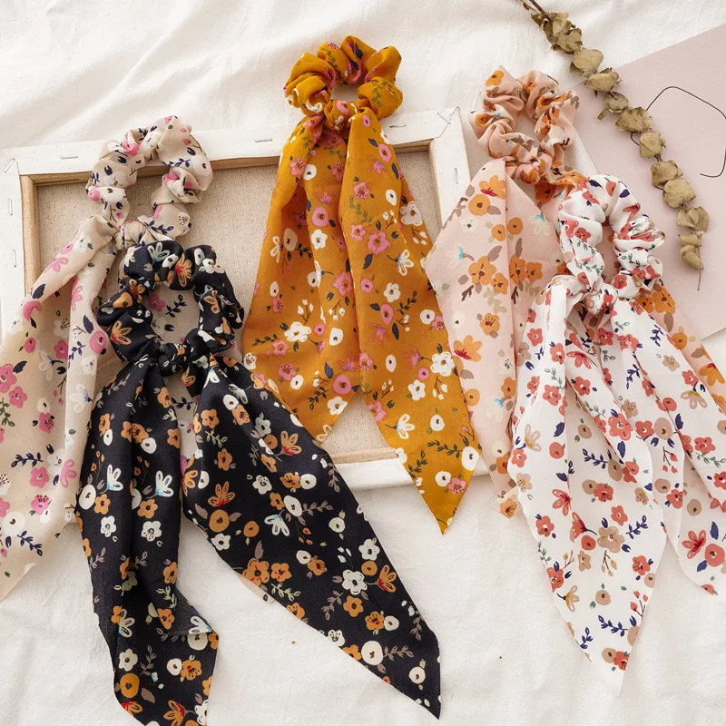 Chiffon Floral Printed Elastic Ties Ponytail Knot Hairband Women Hair Ponytail Ladies Flower Hair Scarf Scrunchies With Bow