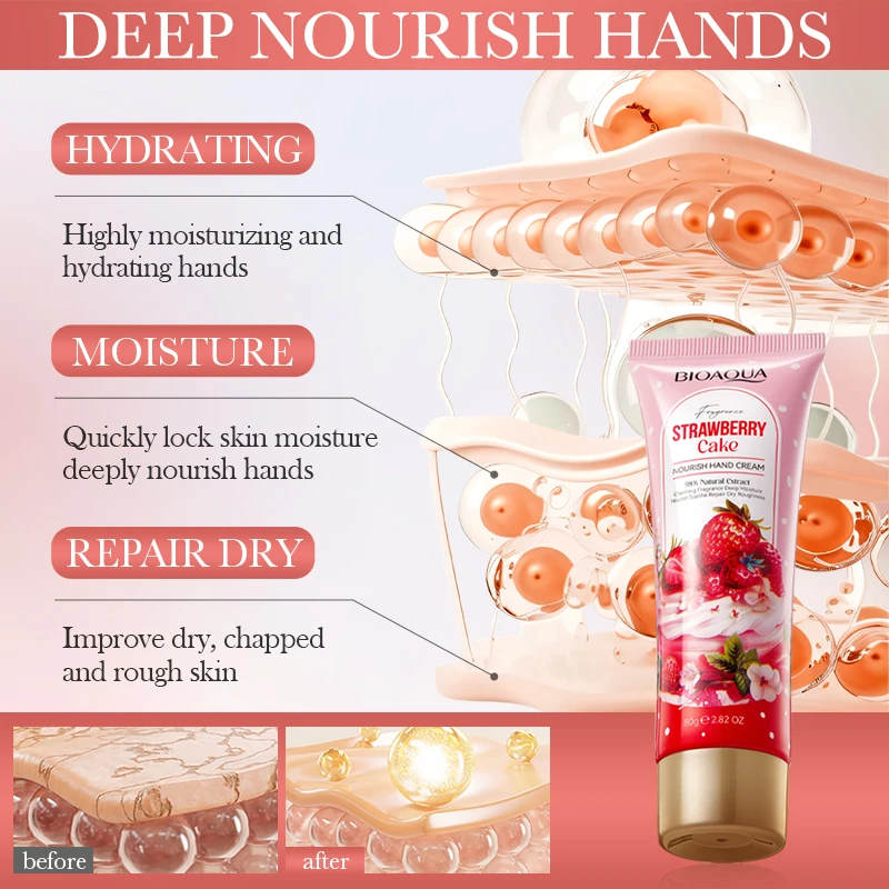 OEM BIOAQUA Cosmetics Strawberry Cake Nourishing Hand Cream Organic Moisturizing Whitening Perfume Hand Care Cream Lotion