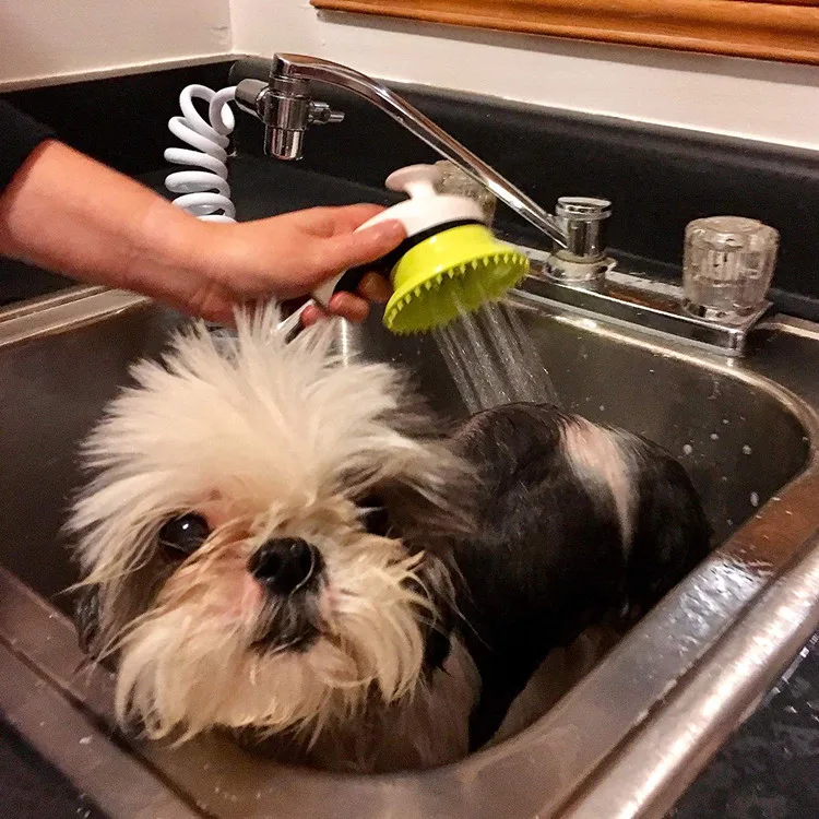 Quality Sink Faucet Pet Wash Kit | Innovative Shower Brush Head w/ Splash Shield | 8 ft Hose & Metal Faucet Adapter | Kitchen, B