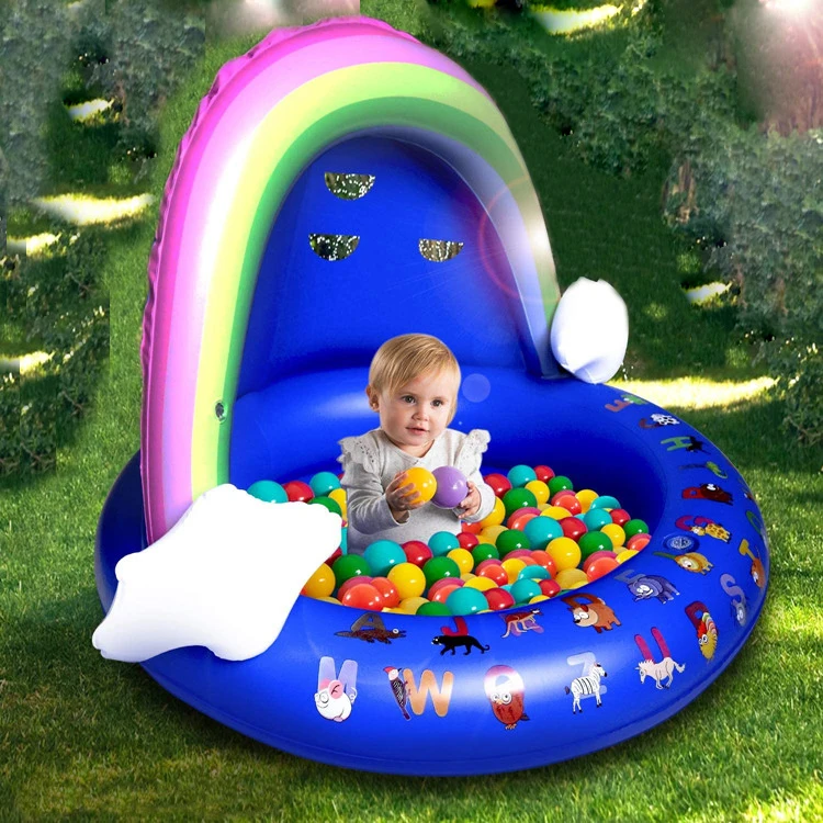 Rainbow Swimming Float Seat Ring With Sunshade Kids Baby Inflatable Summer Swim Pool Water Seat Float With Canopy Sunshade