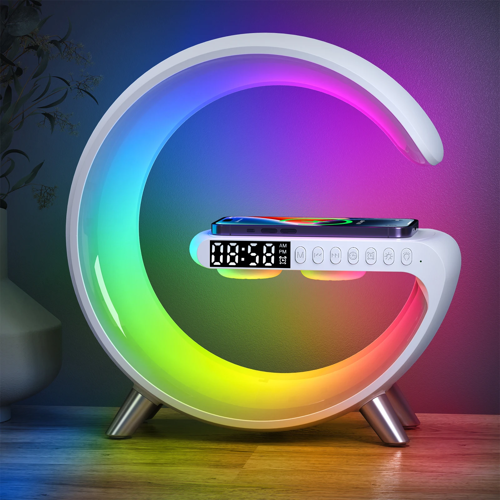 Gradual Sunrise Alarm Clocks  Wake Up Light Table Lamp Smart Sound Light Machine With 15W Fast Wireless Charger