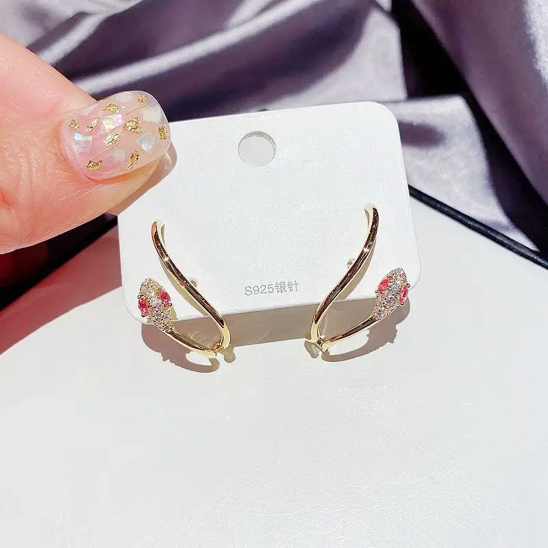 18K Real Gold Plated Huggies Earrings Shiny Zircon Paved Snake Drop earrings 2021 fashion Jewelry for women