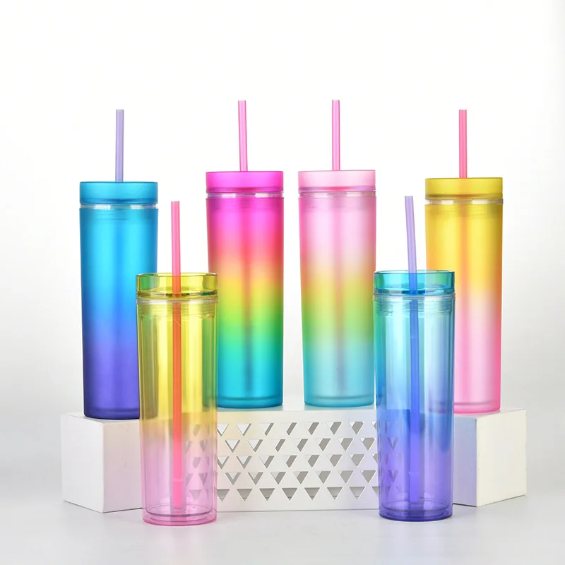 
Ombre Colors 16oz Acrylic Straight Skinny Tumblers with Lid Straw Plastic Water Bottles with Gradient Colors 