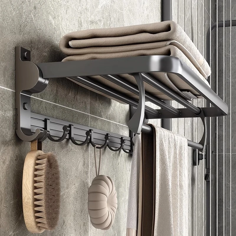 Gun grey 24in Towel Racks with Shelf Drilling/Adhesive Wall Mounted Foldable Rustproof Bathroom Towel Holder with Towel Bar