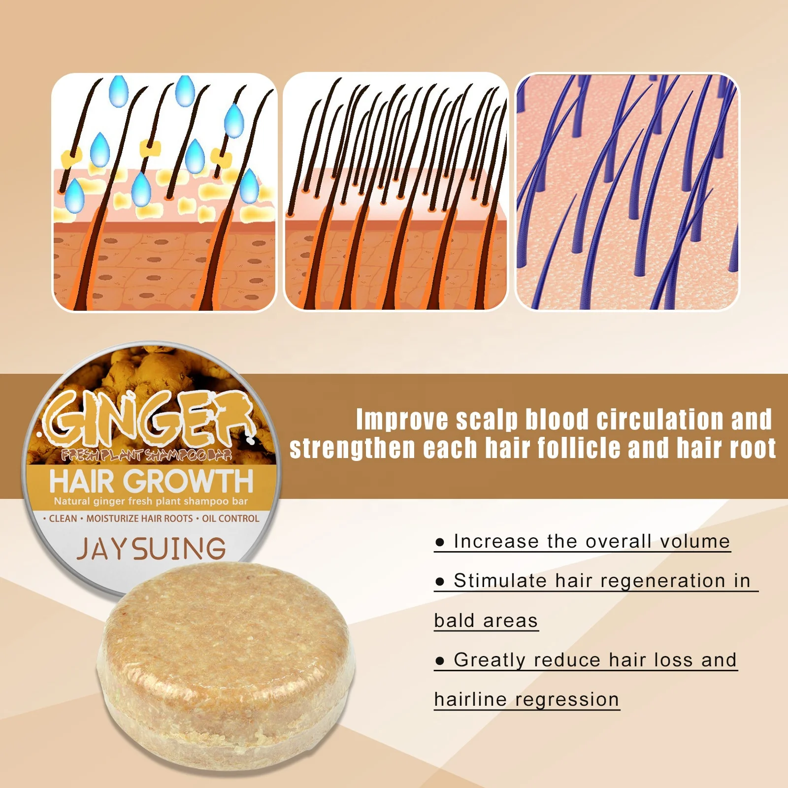 100% Natural Organic Ginger Hair Regrowth Shampoo Bar Anti Hair Loss Ginger Oil Control Hair Darkening Growth Shampoo Soap