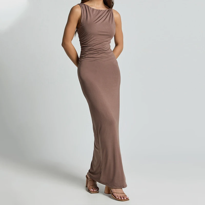 Hot selling summer midi dress sexy Elastic fabric bodycon sleeveless Twist pleated dress