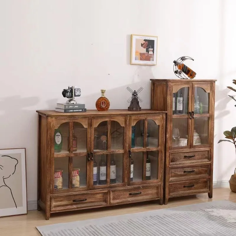 Living room solid wood wine cabinet bookcase American display cabinet against the wall vintage multifunctional storage cabinet