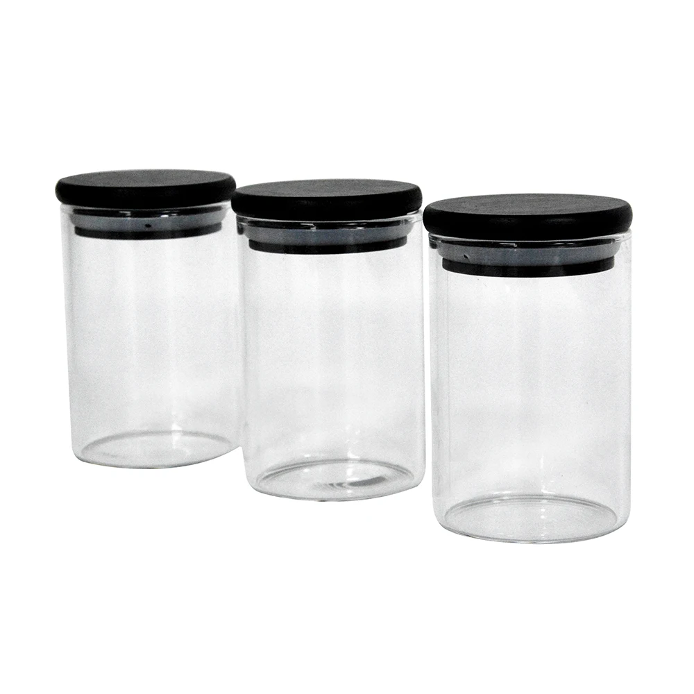 High borosilicate glass jar wooden lid round glass jars and lids of black paint bamboo lids
