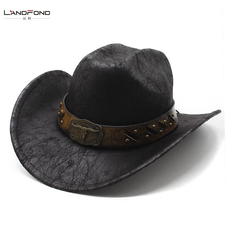Landfond accessory suede cowboy hats for men and women vintage pu trim outdoor sunshade jazz  fedora hat
