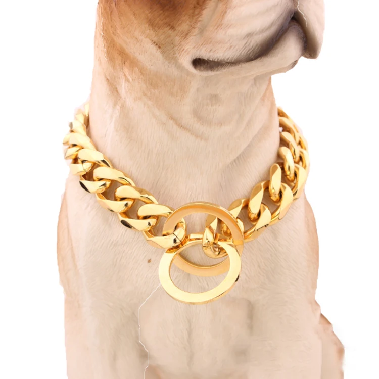 15 мм титановая сталь кубинская большая собака Золотая цепь ошейники для собак питбуль