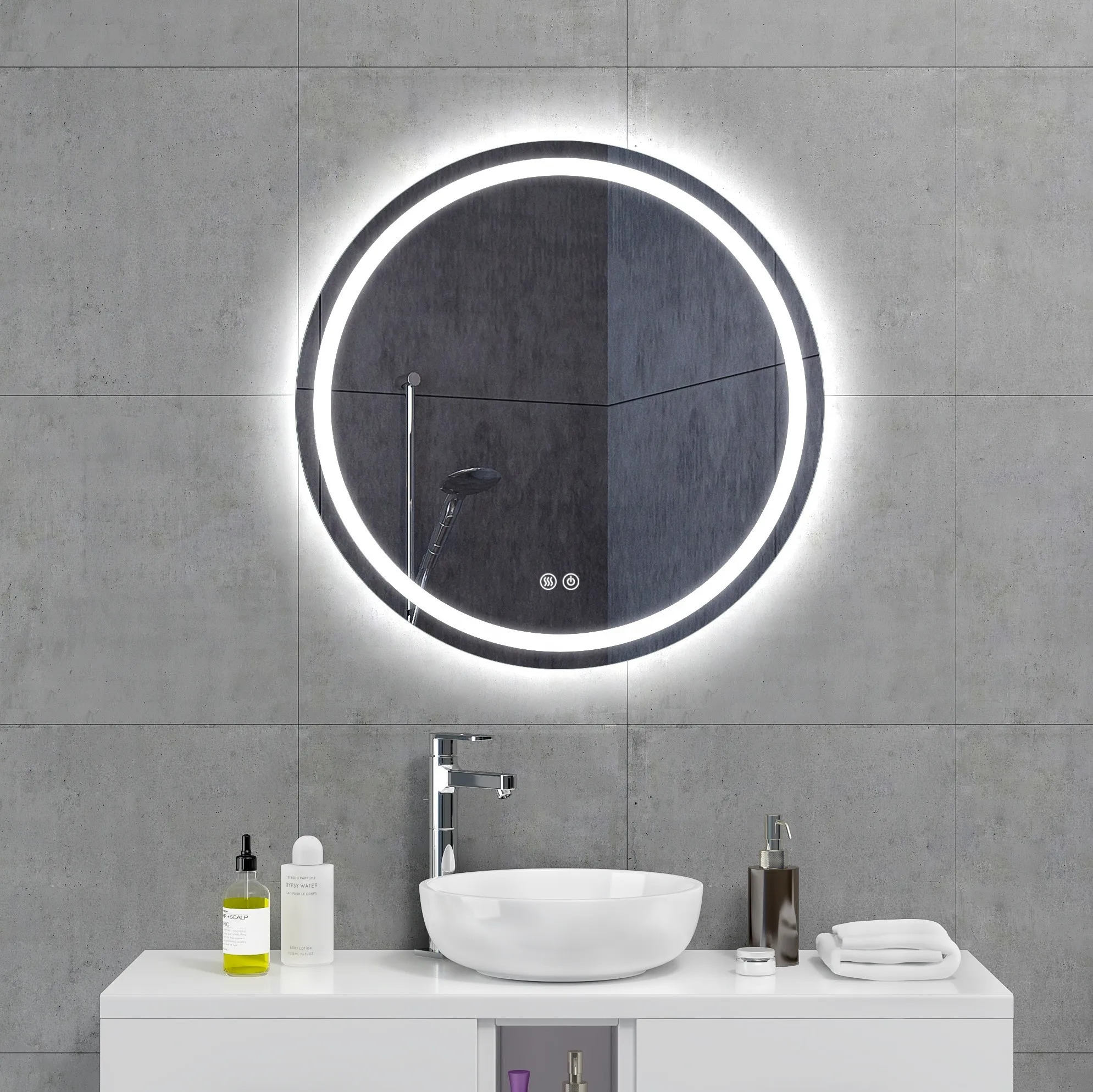 Bathnology Modern round Smart Backlit LED Wall Mirror Touch Switch Bathroom Makeup Mirror Wall Mounted