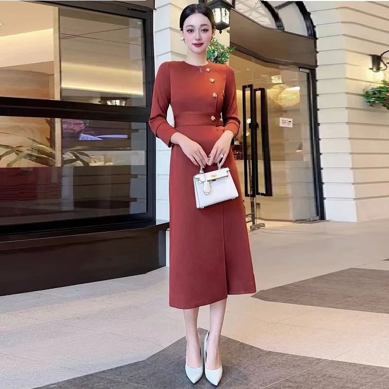 XXXL Bodycon Dress 2024 Autumn Winter Cocktail Party Women Big Button Deco Long Sleeve Midi Brown Khaki Dress Special Occasion