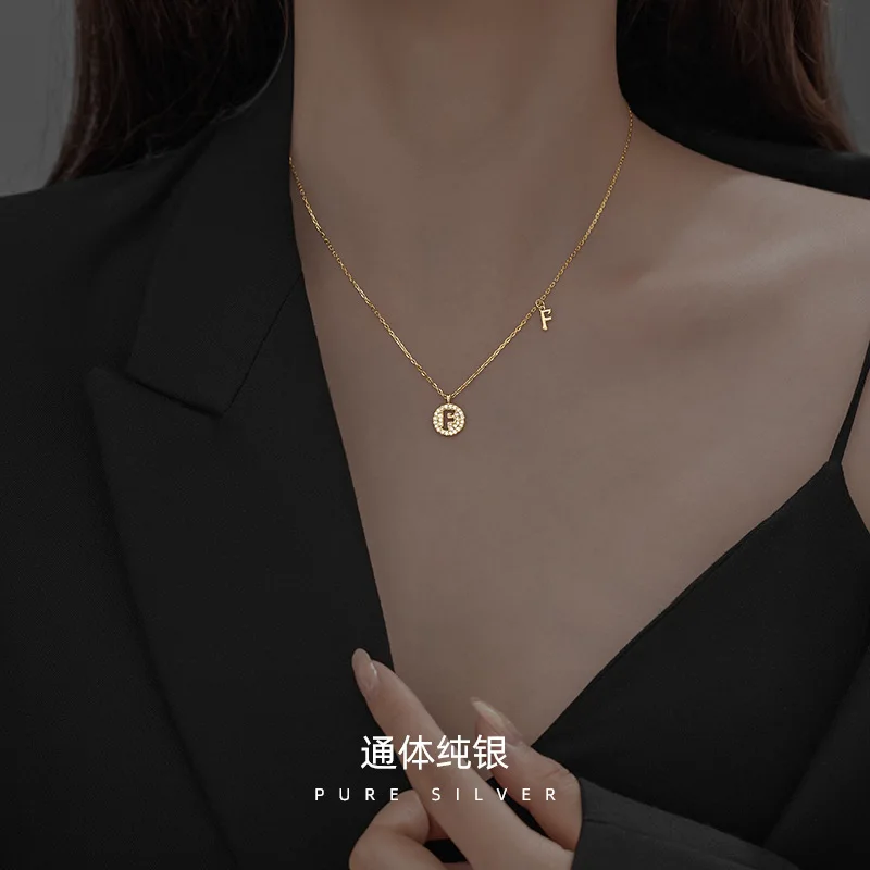 fashion jewelry 925 sterling silver 26 letter double alphabet zircon diamond round coin pendant gold plated necklaces women