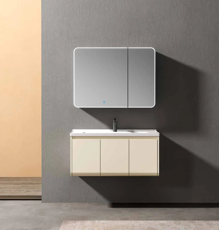 Solid Wood Lacquered Creme Fraiche Bathroom Cabinet Smart LED Mirror Large Ceramic Wash Basin High-Temperature Resistant