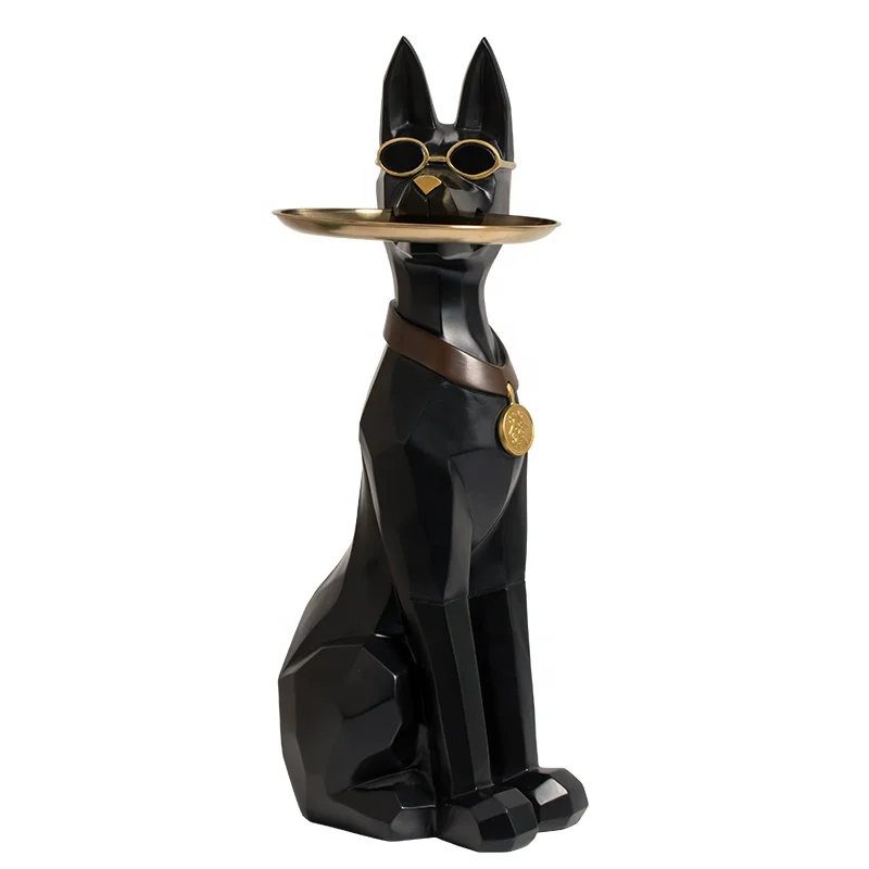 Black Golden  Geometric Dog Sculpture  with Tray Big Storage Ornament Fiberglass Holding Metal Plate