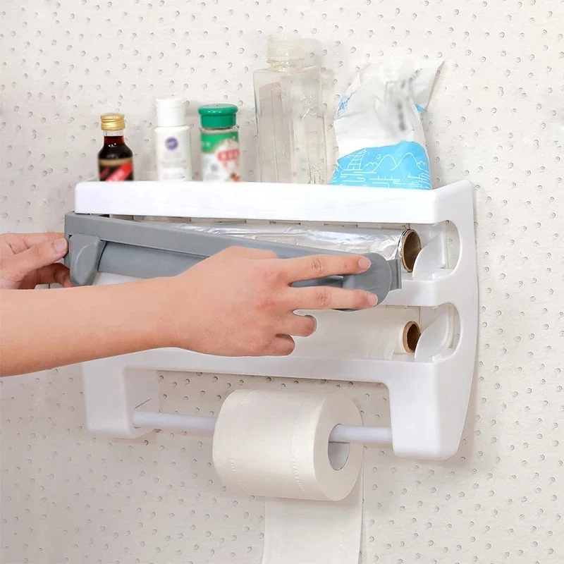Paper Towel Holder Sauce Bottle Rack Kitchen Organizer 4 in 1 Cling Film Cutting Holder Kitchen Accessories