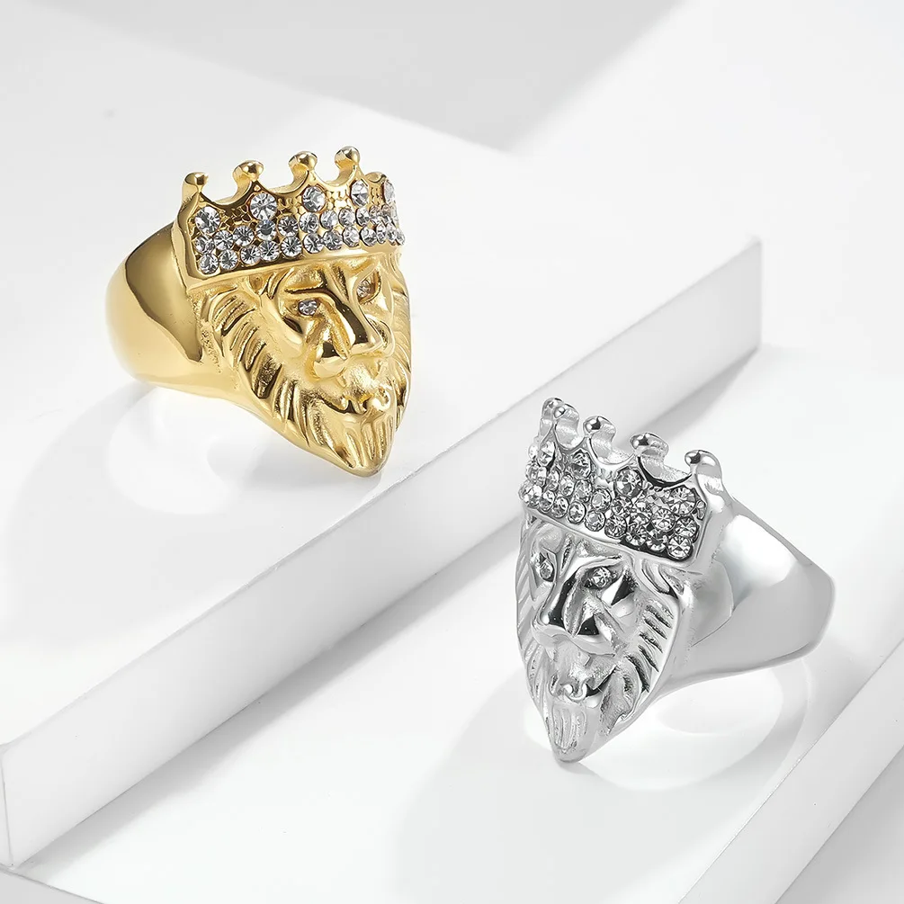 High Quality 18K Gold Plated Diamond Inlay Lion King Crown Stainless Steel Ring HipHop CZ Inlay Golden Rings for Men