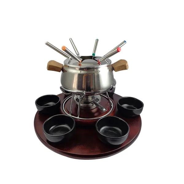 Classical Stainless Steel Cheese Fondue Set With Wooden Turntable