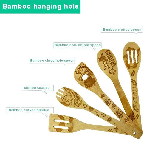 Bamboo Spoons for Cooking Cartoon Lilo and Stitch Slotted Kitchen Burned Utensils Fun Gift for Family 5 Pieces Utensil Set