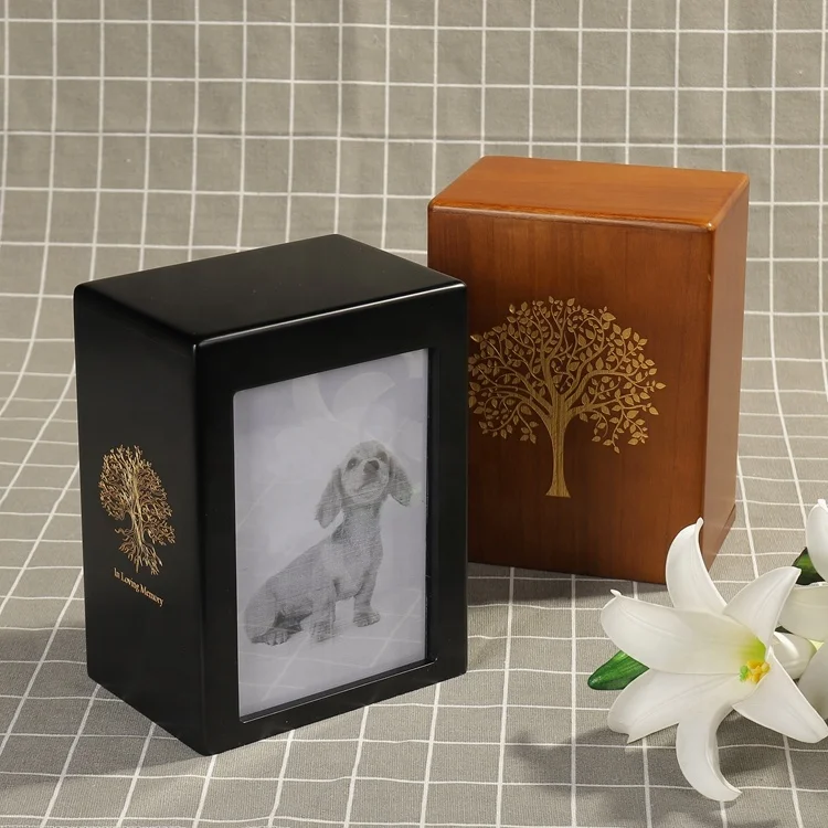 ODM/ OEM Matte Black MDF Wooden Urn Box Picture with Lid Custom Logo Wood Funeral Urns