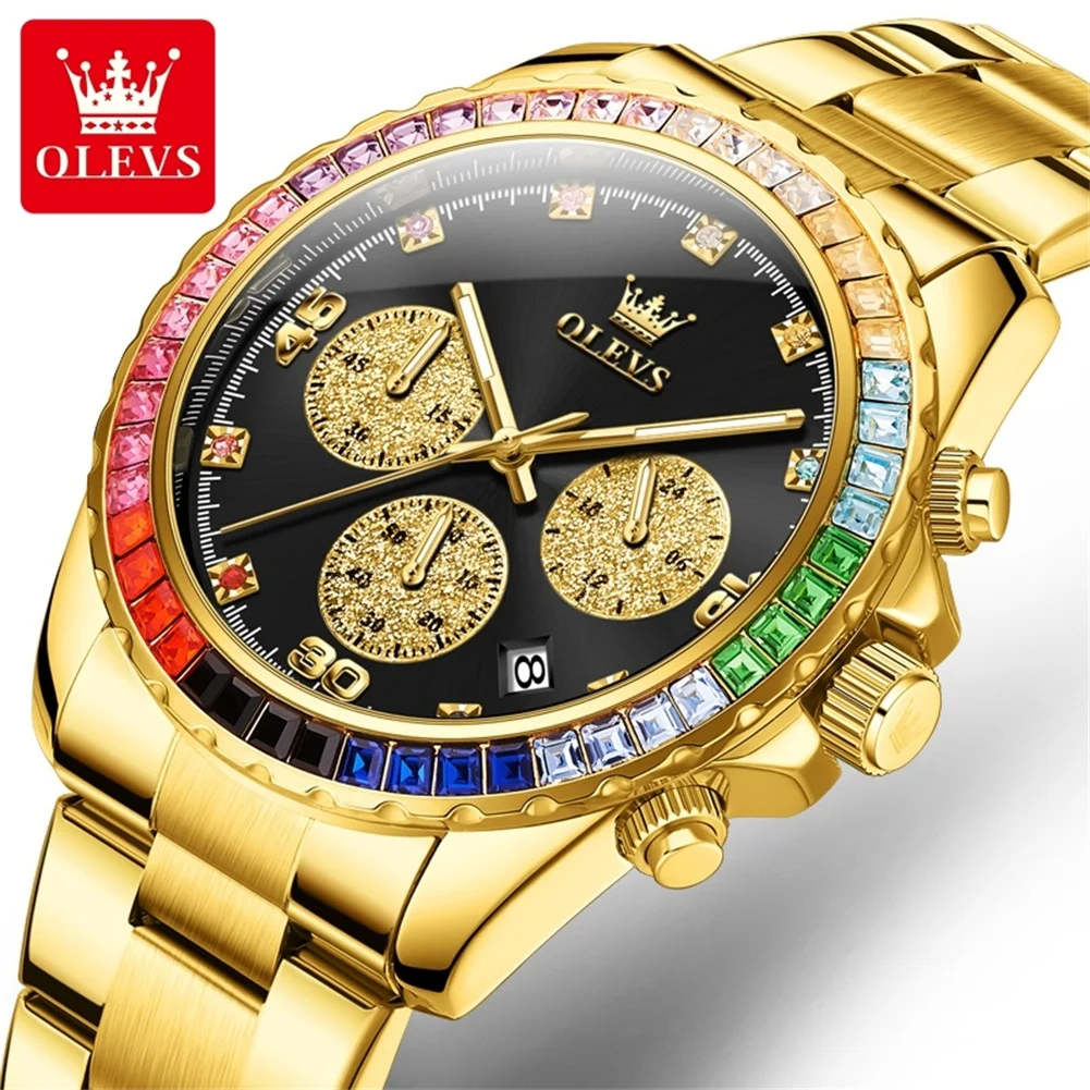 OLEVS 2939 Rainbow  solid core stainless steel Fashionable business cross-border hot model  band quartz watch for men