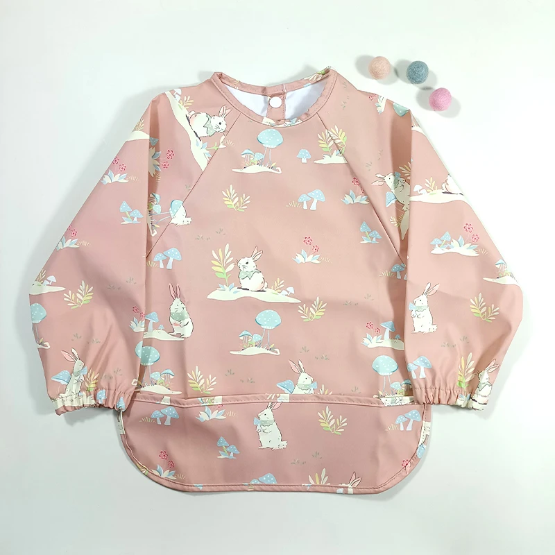 Girls PU Bib Baby Apron Cloth Long Sleeve OEM Service 100% Polyester Printed Support Button