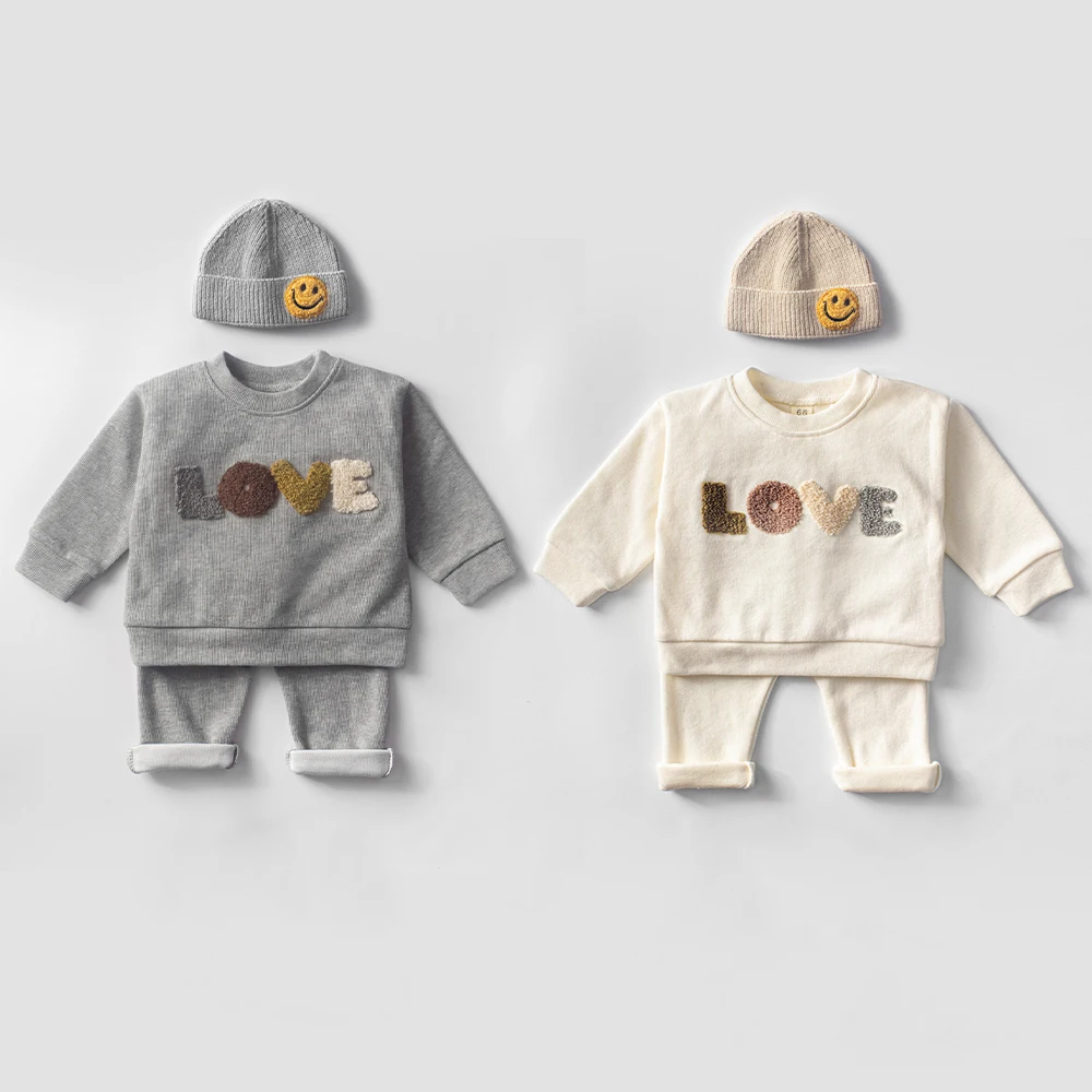 Spring Autumn Newborn Kids Clothes Set Embroidered Print LOVE Soft Cotton Baby Outside Wear Boy Clothes Suit
