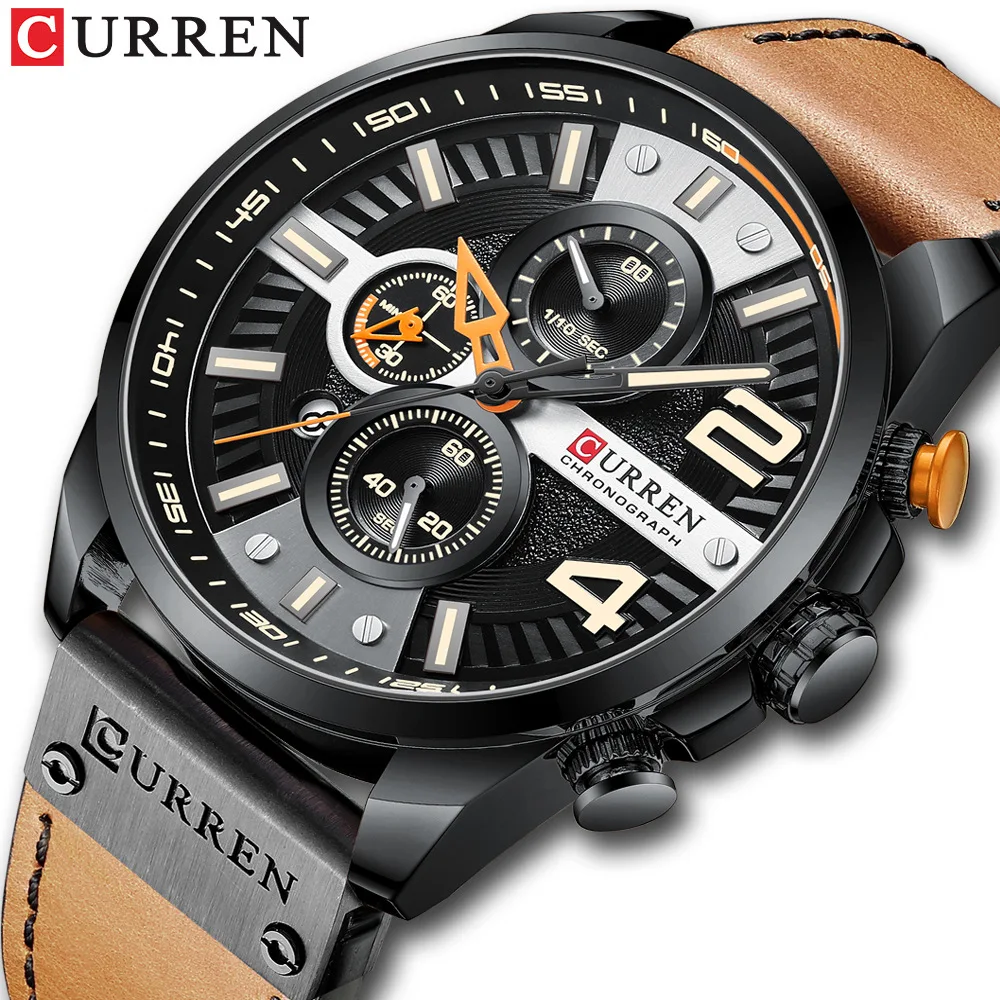 CURREN 8393 Men Casual Watch Date Chronograph 24 Hours Display Leather Strap Quartz Watch