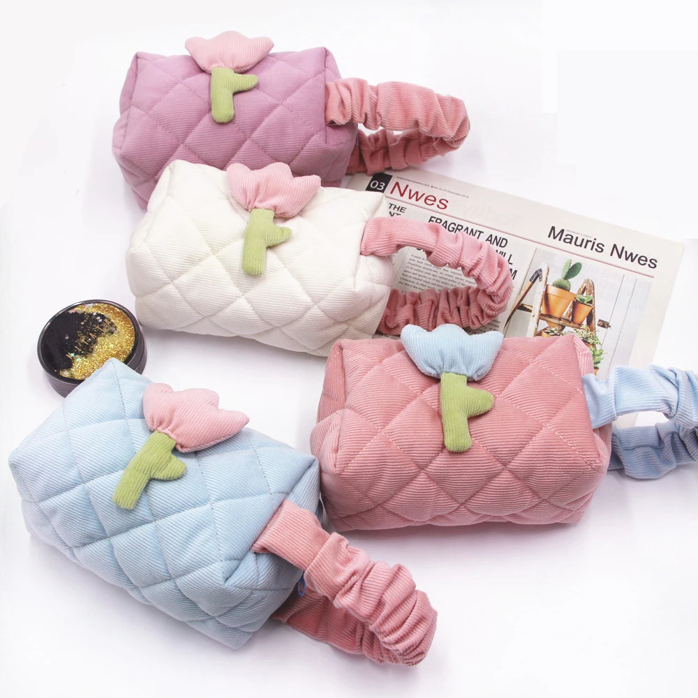 Custom Floral Makeup Pouch PINK Colorful Travel Cute quilted Corduroy Flower Cosmetic Bag for Girls Stationary Pen Organizer