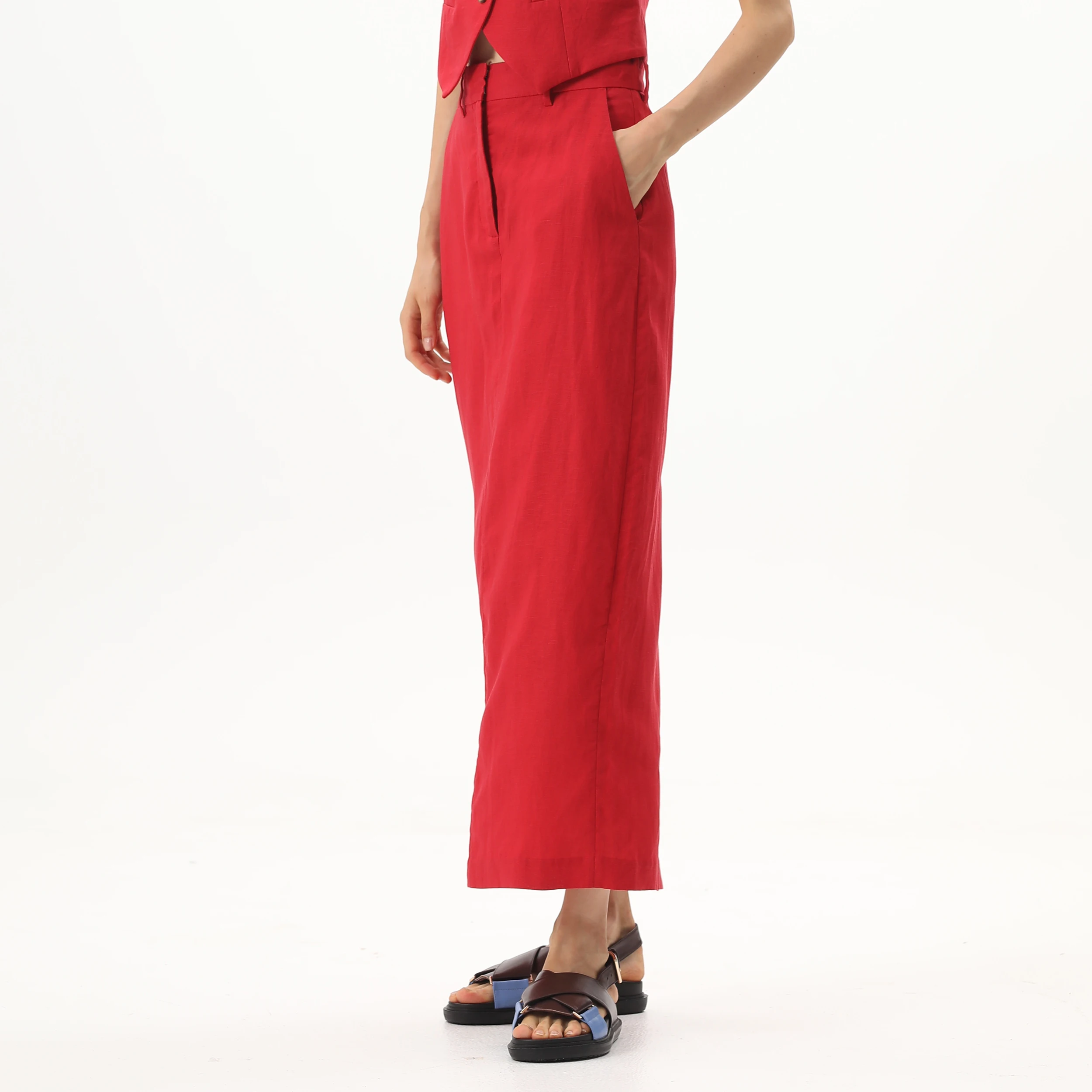 SMO Red Skirt Women Spring Summer Causal Maxi Soft Straight Skirts Linen Skirt Red Long With Zipper Pocket