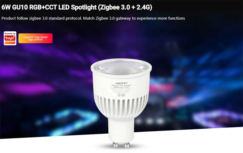Miboxer Milight FUT106ZR 6W GU10 RGB CCT Brightness and color temperature adjustable LED Spotlight Zigbee 3.0 2.4G