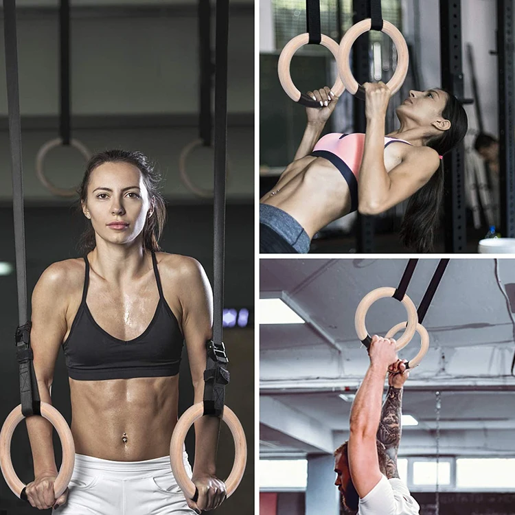 Gym And Home Fitness Exercise Gymnastics Rings Wooden Rings Pull Ups Muscle Training Ring With Buckle Straps