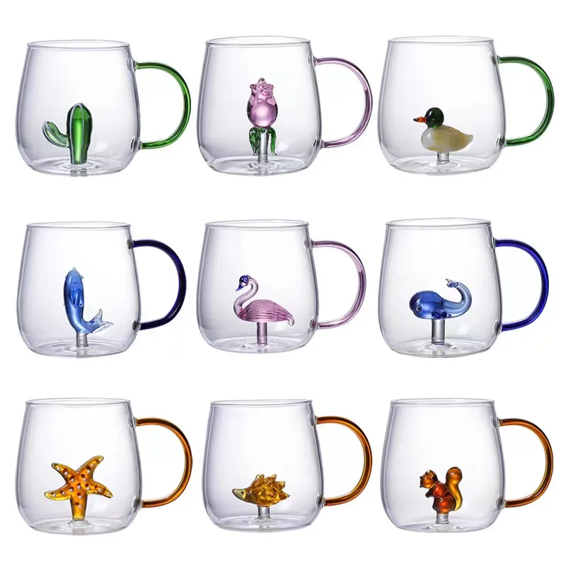 3D Mug Animal Inside Cup Cartoon Glass Figurine Teacup with Handle for Boys Girls Kids Women Men Coffee Mug
