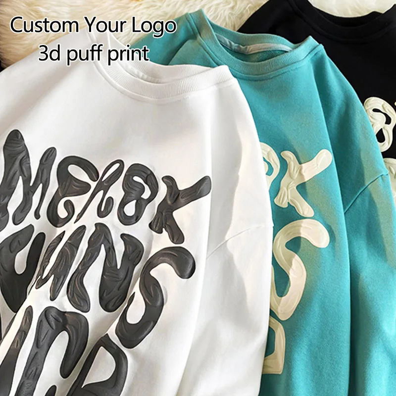 Popular Hot Cake Round Nec Custom Logo Puff Print T Shirt Oversized 100 Cotton Men 3d Puff Print Tshirt