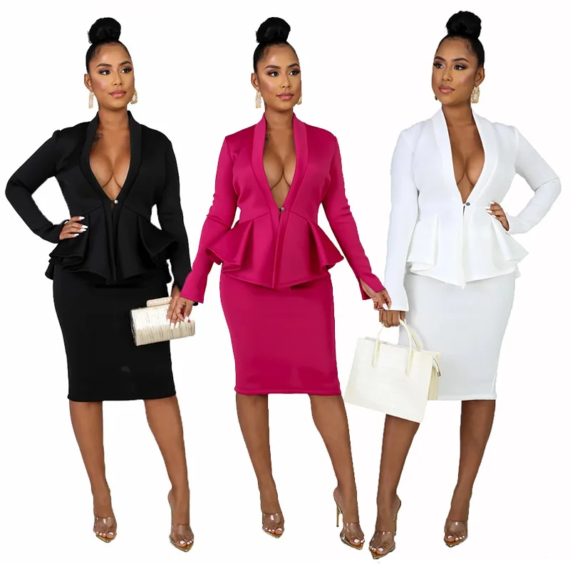 
Dropshipping Quality Female Plain Ruffle Peplum Styles Two Pieces Office Suits For Ladies Skirt Suits Women Office Skirt Suit 