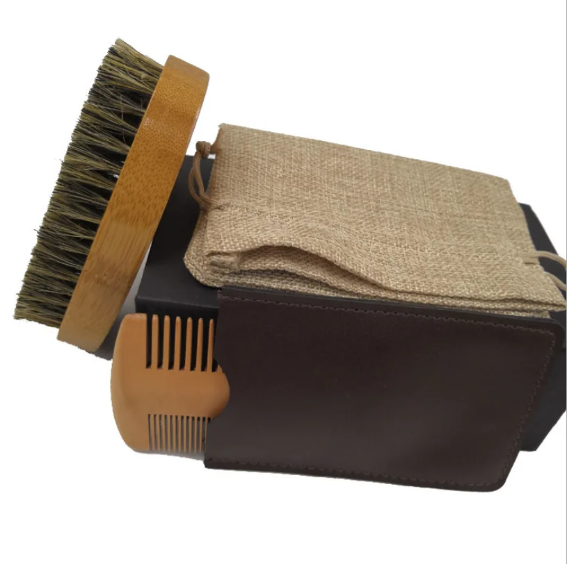 oumo hot sell private label boar bristle hair brush wood comb beard brush kit with gift package