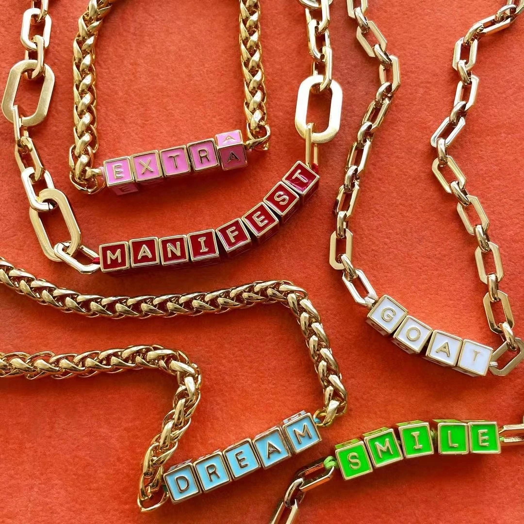 DIY custom personalized stainless steel 18k gold plated chain enamel initial necklace jewelry bijoux acier inoxydable accesorios