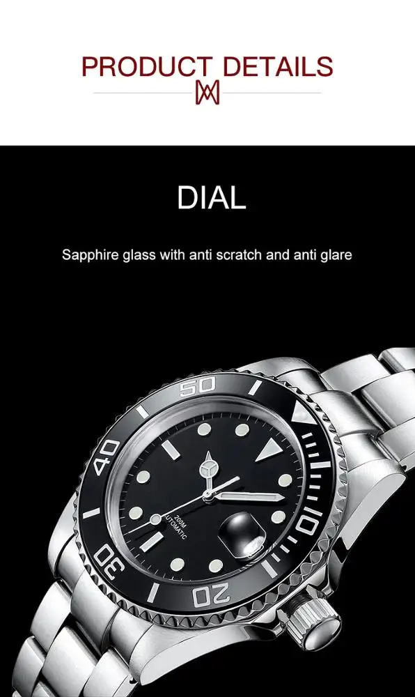  Оригинальные Водонепроницаемые деловые автоматические мужские часы из нержавеющей стали для дайвинга роскошные брендовые светящиеся высокого качества с чехлом