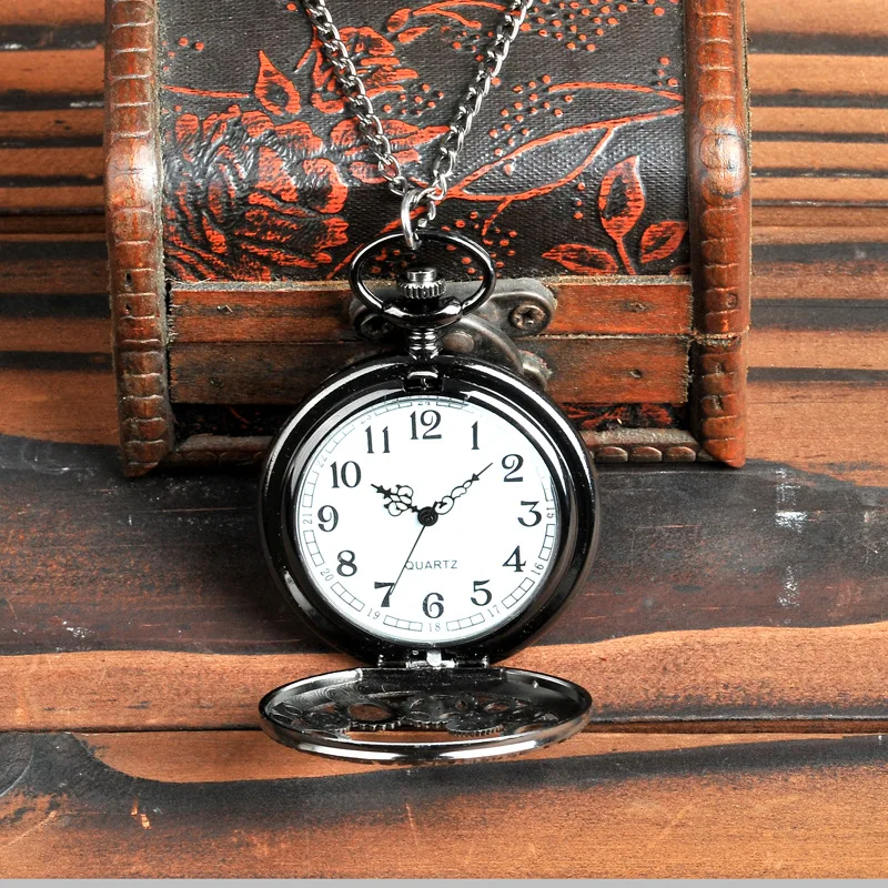New Unisex Antique Case Vintage Retro Elegant Brass Rib Chain Gear Pattern Quartz Pocket Watch for Daily Party