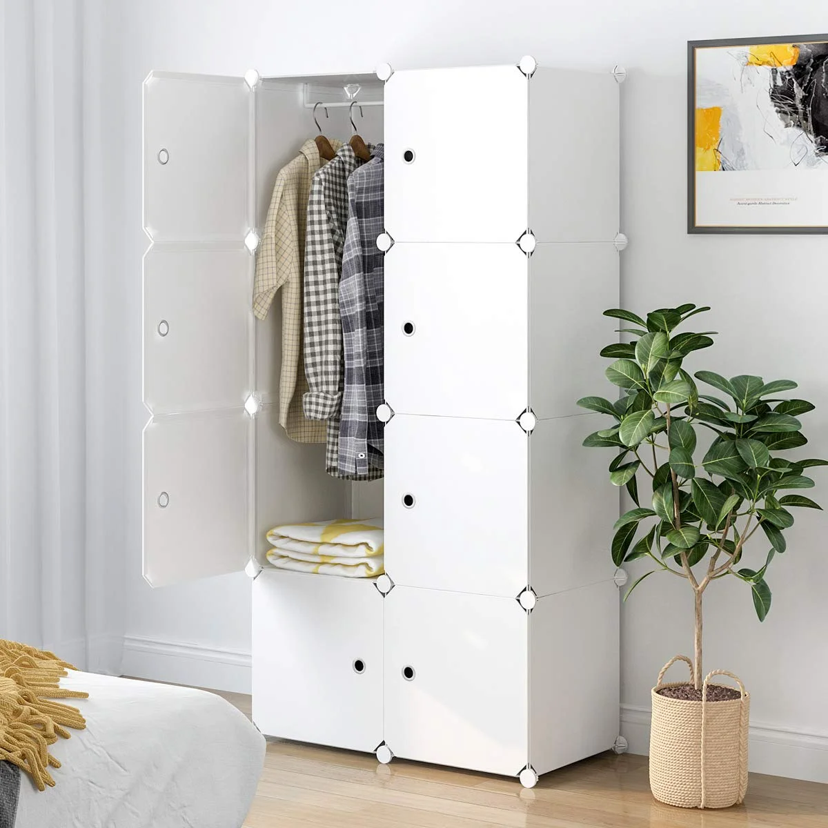 plastic wardrobe Cubes Shelf Cabinet with Bottom Shoes Shelf DIY Clothes Storage Shelves with Hanging Rods