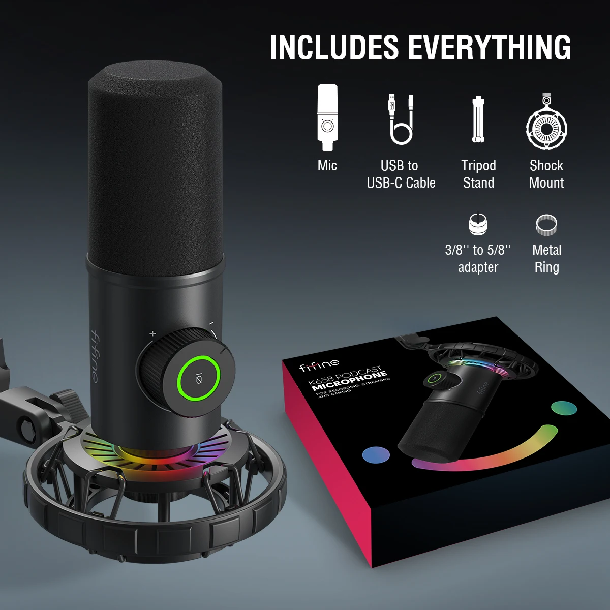 Fifine k658 live stream gaming mic computer dynamic recording microphone professional RGB microphone