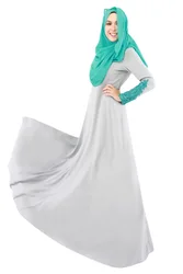 Solid Color Dubai Islamic Muslim Women Chiffon Pleated Embroidery Lace Sleeve Long Dress